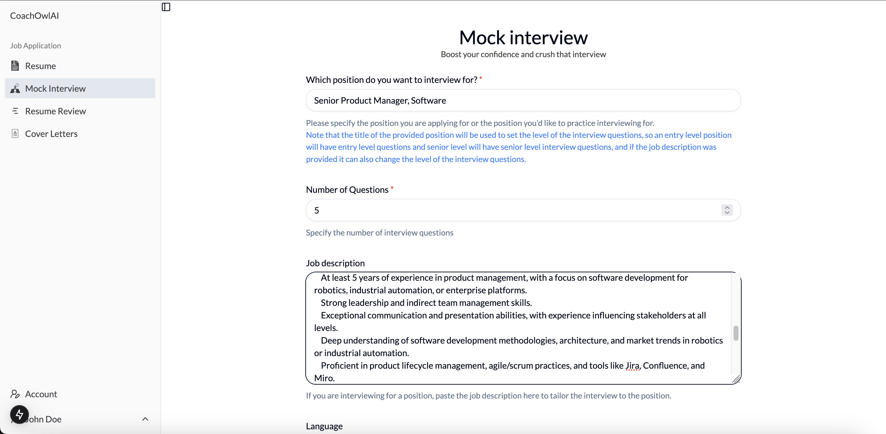 mock interview start page